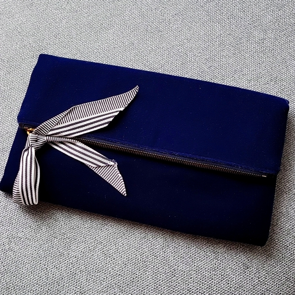 NWT J. Crew Navy Blue Velvet Clutch with Striped Ribbon Bow